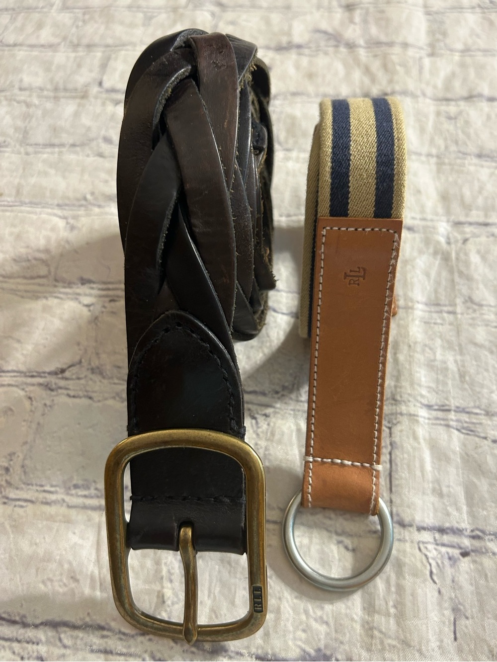 LAUREN RALPH LAUREN (2) BELTS BRAIDED CHUNKY ESPRESSO & PREPPY TAN/NAVY STRETCH